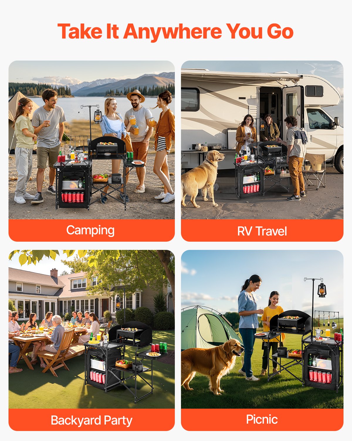 Camping-Küchentisch, tragbarer Kochtisch aus Aluminium mit Staufach, Tragetasche, abnehmbarem Windschutz, schnell aufzubauen für Grillpartys, Picknicks, Wohnmobilreisen, Schwarz