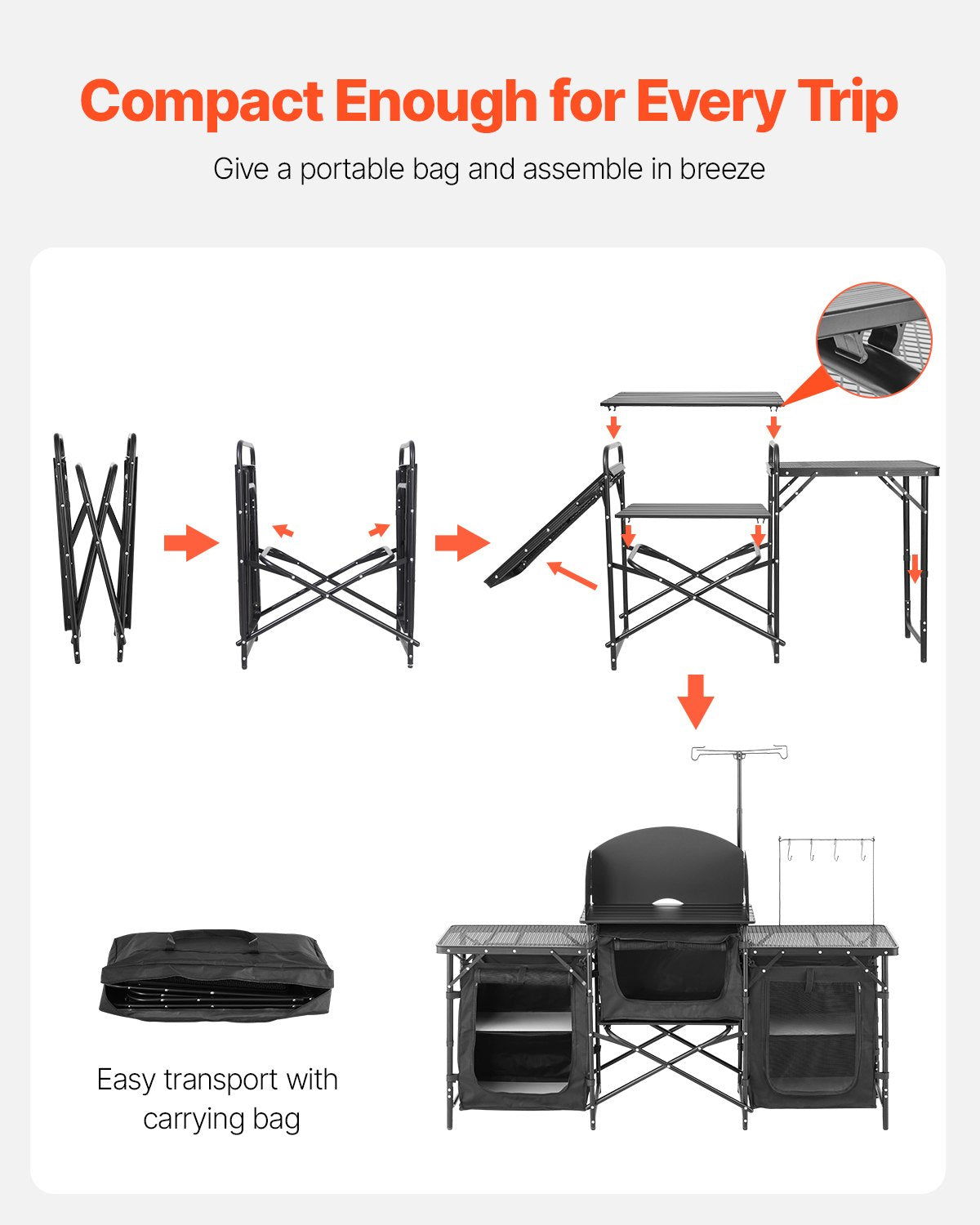 Camping-Küchentisch, tragbarer Kochtisch aus Aluminium mit 3 Staufächern, Tragetasche, abnehmbarem Windschutz, schnell aufzubauen für Grillpartys, Picknicks, Wohnmobilreisen, Schwarz