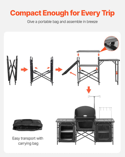 Camping-Küchentisch, tragbarer Kochtisch aus Aluminium mit 3 Staufächern, Tragetasche, abnehmbarem Windschutz, schnell aufzubauen für Grillpartys, Picknicks, Wohnmobilreisen, Schwarz