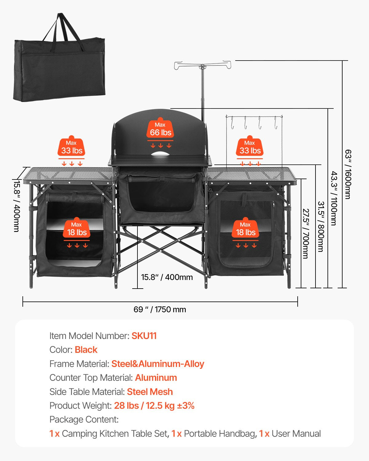 Camping-Küchentisch, tragbarer Kochtisch aus Aluminium mit 3 Staufächern, Tragetasche, abnehmbarem Windschutz, schnell aufzubauen für Grillpartys, Picknicks, Wohnmobilreisen, Schwarz