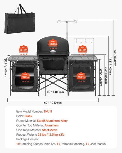 Camping-Küchentisch, tragbarer Kochtisch aus Aluminium mit 3 Staufächern, Tragetasche, abnehmbarem Windschutz, schnell aufzubauen für Grillpartys, Picknicks, Wohnmobilreisen, Schwarz