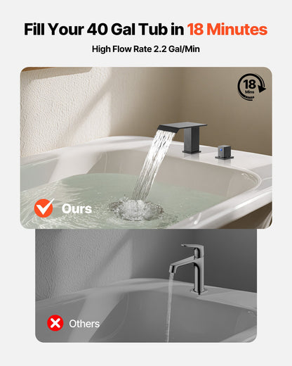 Roman Tub Faucet, 3 Hole Waterfall Bathtub Faucet, Bath Tubs Faucets Set with 2 Handles, Roman Tub Faucets Deck Mount for Pet Washing, Baby Care, Adult Bathing, Matte Black, Stainless Steel