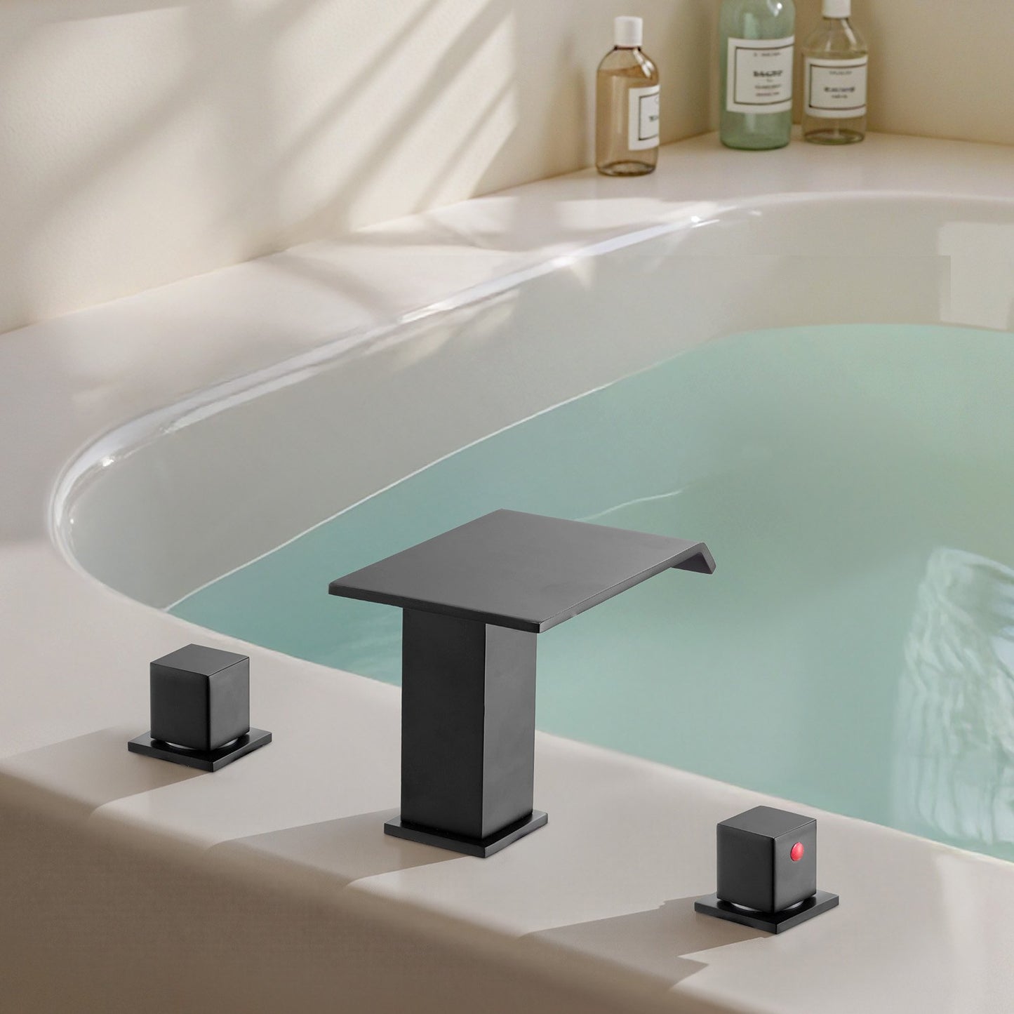 Roman Tub Faucet, 3 Hole Waterfall Bathtub Faucet, Bath Tubs Faucets Set with 2 Handles, Roman Tub Faucets Deck Mount for Pet Washing, Baby Care, Adult Bathing, Matte Black, Stainless Steel