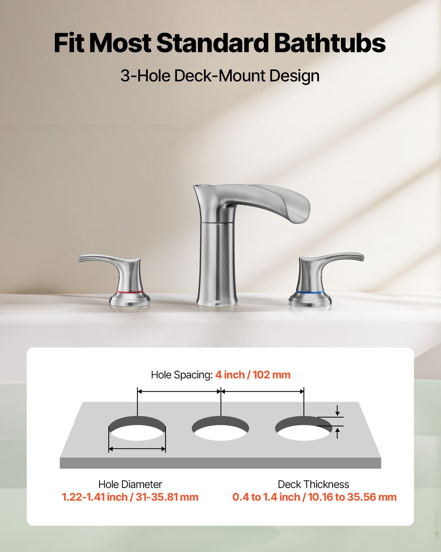 Roman Tub Faucet, 3 Hole Waterfall Bathtub Faucet, Zinc Alloy Bath Tubs Faucets Set with 2 Handles, Deck Mount Bath Tub Faucets Set for Pet Washing, Adult Bathing, Silver, Waterfall Spout Design