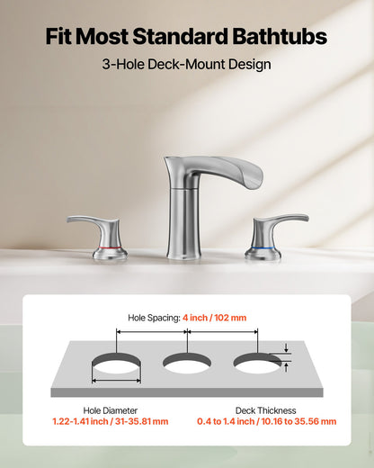 Roman Tub Faucet, 3 Hole Waterfall Bathtub Faucet, Zinc Alloy Bath Tubs Faucets Set with 2 Handles, Deck Mount Bath Tub Faucets Set for Pet Washing, Adult Bathing, Silver, Waterfall Spout Design