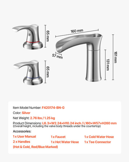 Roman Tub Faucet, 3 Hole Waterfall Bathtub Faucet, Zinc Alloy Bath Tubs Faucets Set with 2 Handles, Deck Mount Bath Tub Faucets Set for Pet Washing, Adult Bathing, Silver, Waterfall Spout Design