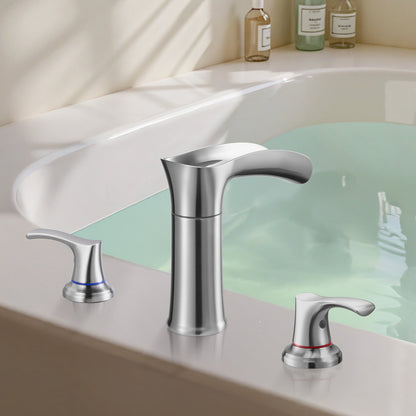 Roman Tub Faucet, 3 Hole Waterfall Bathtub Faucet, Zinc Alloy Bath Tubs Faucets Set with 2 Handles, Deck Mount Bath Tub Faucets Set for Pet Washing, Adult Bathing, Silver, Waterfall Spout Design