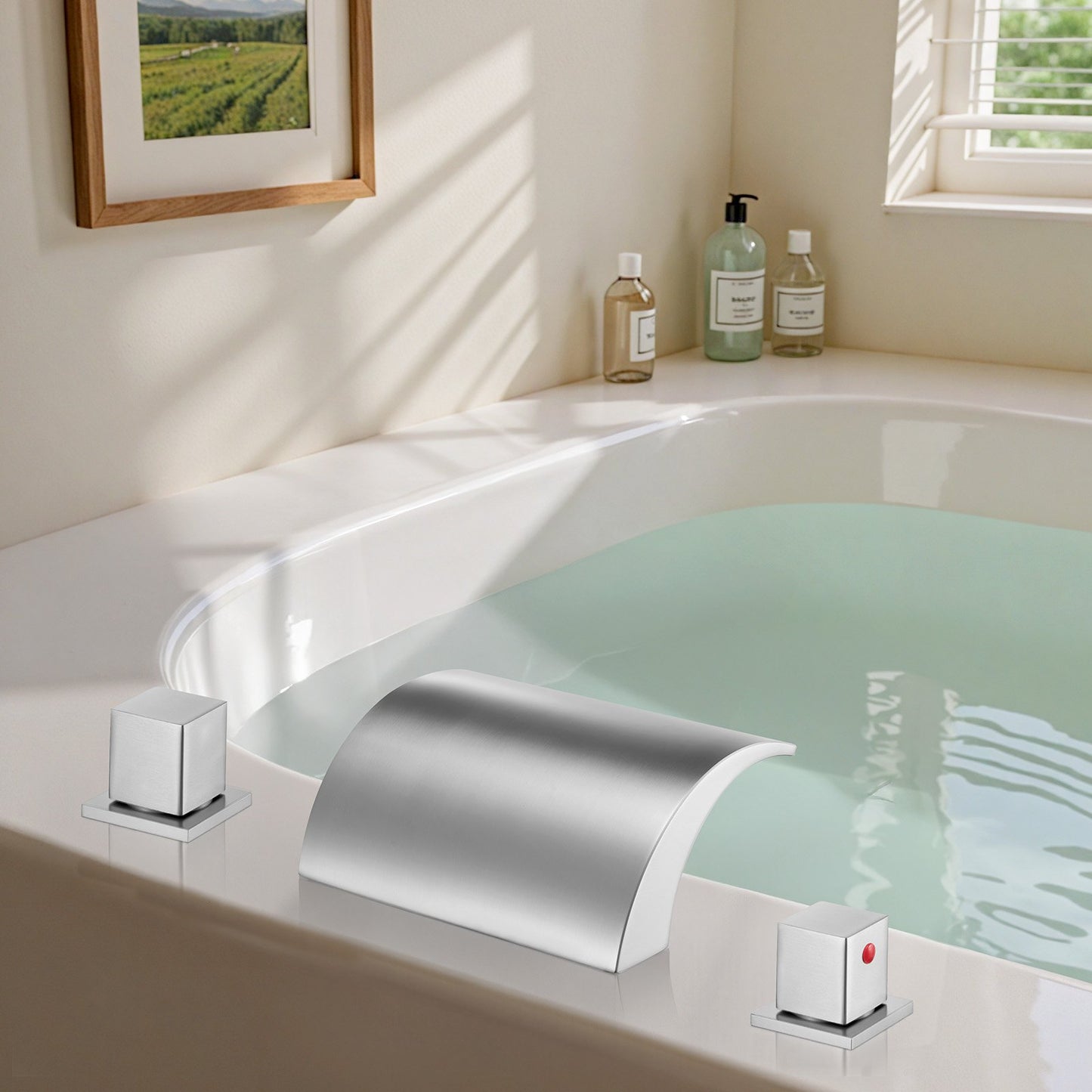 Roman Tub Faucet, 3 Hole Waterfall Bathtub Faucet, Roman Bathtub Faucets Set with 2 Handles, Deck Mount Bath Tub Faucets Set for Pet Washing, Baby Care, Adult Bathing, Silver, Dual Water Flow