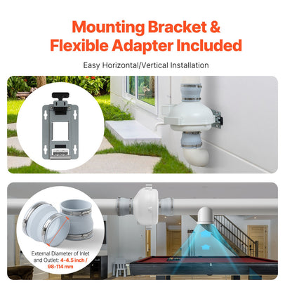 Radonlüfter-Installationsset (4 bis 4,5 Zoll), leises 190-CFM-Radon-Absaugsystem mit 2 Kupplungen, Druckanzeige, wasserdichter Inline-Rohrventilator für die Innen- und Außenlüftung