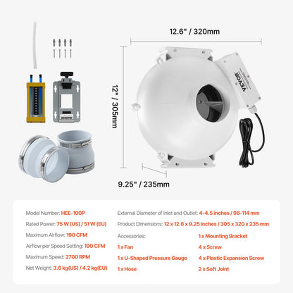 Radonlüfter-Installationsset (4 bis 4,5 Zoll), leises 190-CFM-Radon-Absaugsystem mit 2 Kupplungen, Druckanzeige, wasserdichter Inline-Rohrventilator für die Innen- und Außenlüftung
