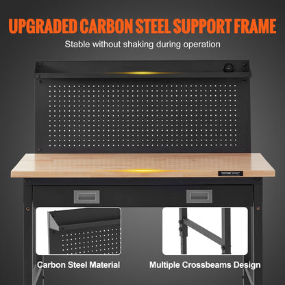 Werkbank, höhenverstellbar 71-100 cm (28-39,5 Zoll), für Garage, Eichenholz und Kohlenstoffstahl, robuste Werkbank, Tragkraft 907 kg (2000 lbs), Arbeitsfläche 122 x 61 cm (48 x 24 Zoll), Hartholz-Werkbank, 3 m Kabel, 30 Haken