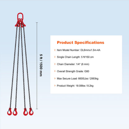Kettengehänge, 6,35 mm x 1,52 m Hebeketten mit Haken, G80 Motorkettenzug, 3 Tonnen Hebeketten für Motorhebezeuge, Motorhebekette mit 4-Strang-Greifhaken und Verstellern