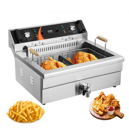 Gewerbliche Fritteuse, 3000 W, elektrische Truthahnfritteuse mit Korb, großes Fassungsvermögen (30,6 qt / 29 l), Tischgerät, Edelstahl, Temperaturregelung, für Gastronomiebetriebe, Silber