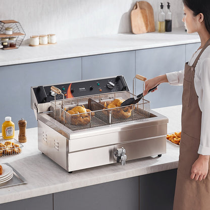 Gewerbliche Fritteuse, 3000 W, elektrische Truthahnfritteuse mit Korb, großes Fassungsvermögen (30,6 qt / 29 l), Tischgerät, Edelstahl, Temperaturregelung, für Gastronomiebetriebe, Silber