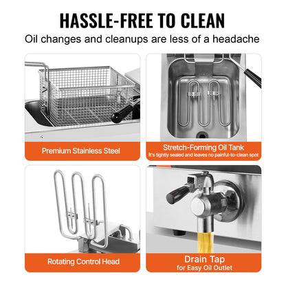 Gewerbliche Fritteuse, 1750 W, elektrische Tischfritteuse mit Frittierkorb, 8,5 l Fassungsvermögen, 1 mm dickes Edelstahlgehäuse, Zeit- und Temperaturregelung, für den Einsatz in der Gastronomie, Silber