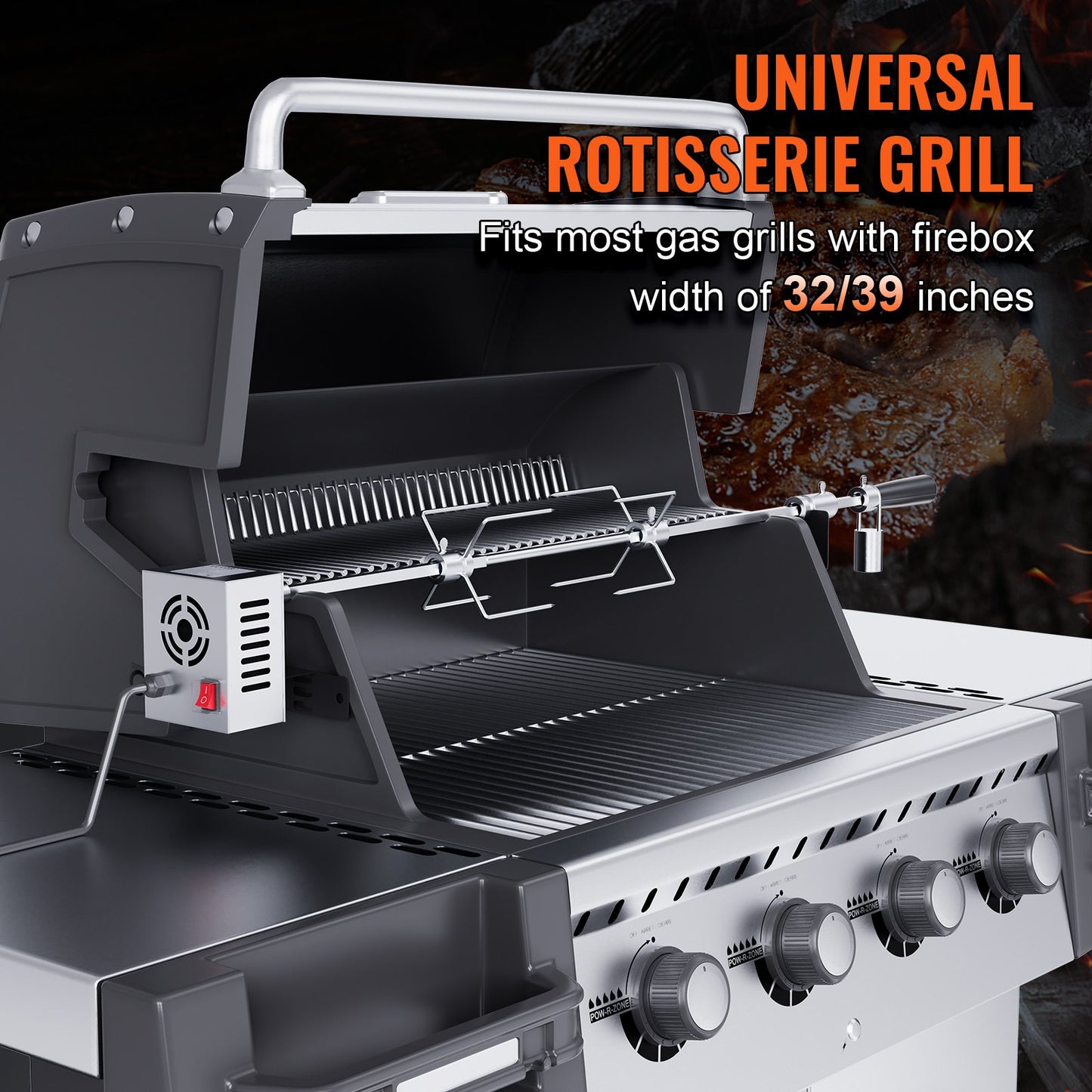 Universelles Grill-Drehspieß-Set, BBQ-Bräter, 81,3 cm/99,1 cm Spießstange, Elektromotor