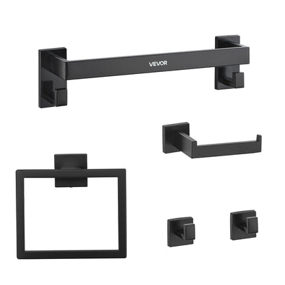 Matte Black Bathroom Hardware Set, 5 Pieces Bathroom Accessories Set, Stainless Steel 16 inch Towel Bar, Towel Rack, 2 Robe Towel Hooks, Toilet Paper Holder for Bath Room, Wall Mounted