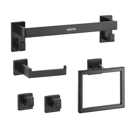 Matte Black Bathroom Hardware Set, 5 Pieces Bathroom Accessories Set, Stainless Steel 16 inch Towel Bar, Towel Rack, 2 Robe Towel Hooks, Toilet Paper Holder for Bath Room, Wall Mounted