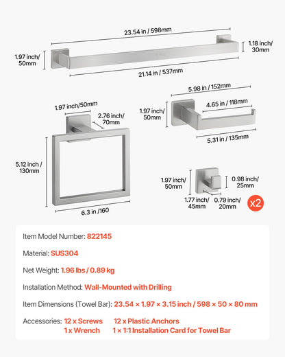 Brushed Nickel Bathroom Hardware Set, 5 Pieces Bathroom Accessories Set, Stainless Steel 24 inch Towel Bar, Towel Rack, 2 Robe Towel Hooks, Toilet Paper Holder for Bath Room, Wall Mounted