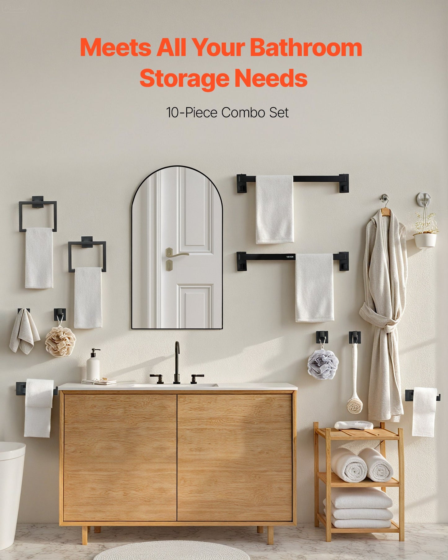 Matte Black Bathroom Hardware Set, 10-Piece Bathroom Accessories Set, 2 Stainless Steel 24-in Towel Bars, 2 Towel Racks, 4 Robe Towel Hooks, 2 Toilet Paper Holders for Bath Room, Wall Mounted