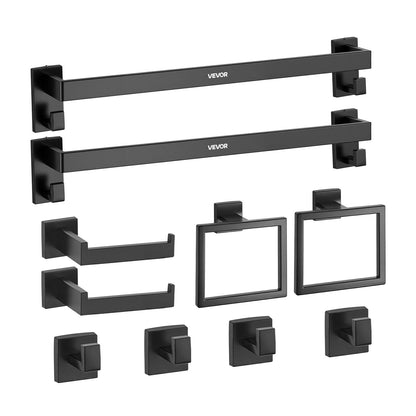 Matte Black Bathroom Hardware Set, 10-Piece Bathroom Accessories Set, 2 Stainless Steel 24-in Towel Bars, 2 Towel Racks, 4 Robe Towel Hooks, 2 Toilet Paper Holders for Bath Room, Wall Mounted