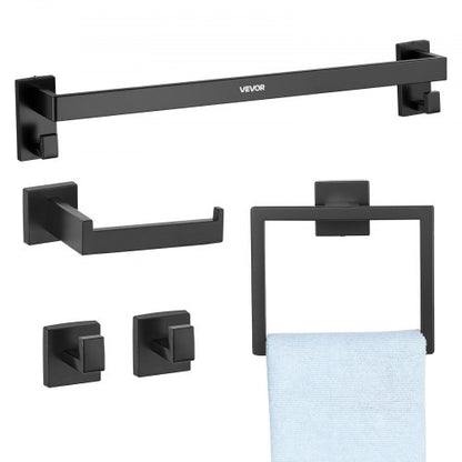 Matte Black Bathroom Hardware Set, 5 Pieces Stainless Steel Bathroom Accessories Set, 24-inch Towel Bar, Towel Rack, 2 Robe Towel Hooks, Toilet Paper Holder, for Bath Room, Wall Mounted