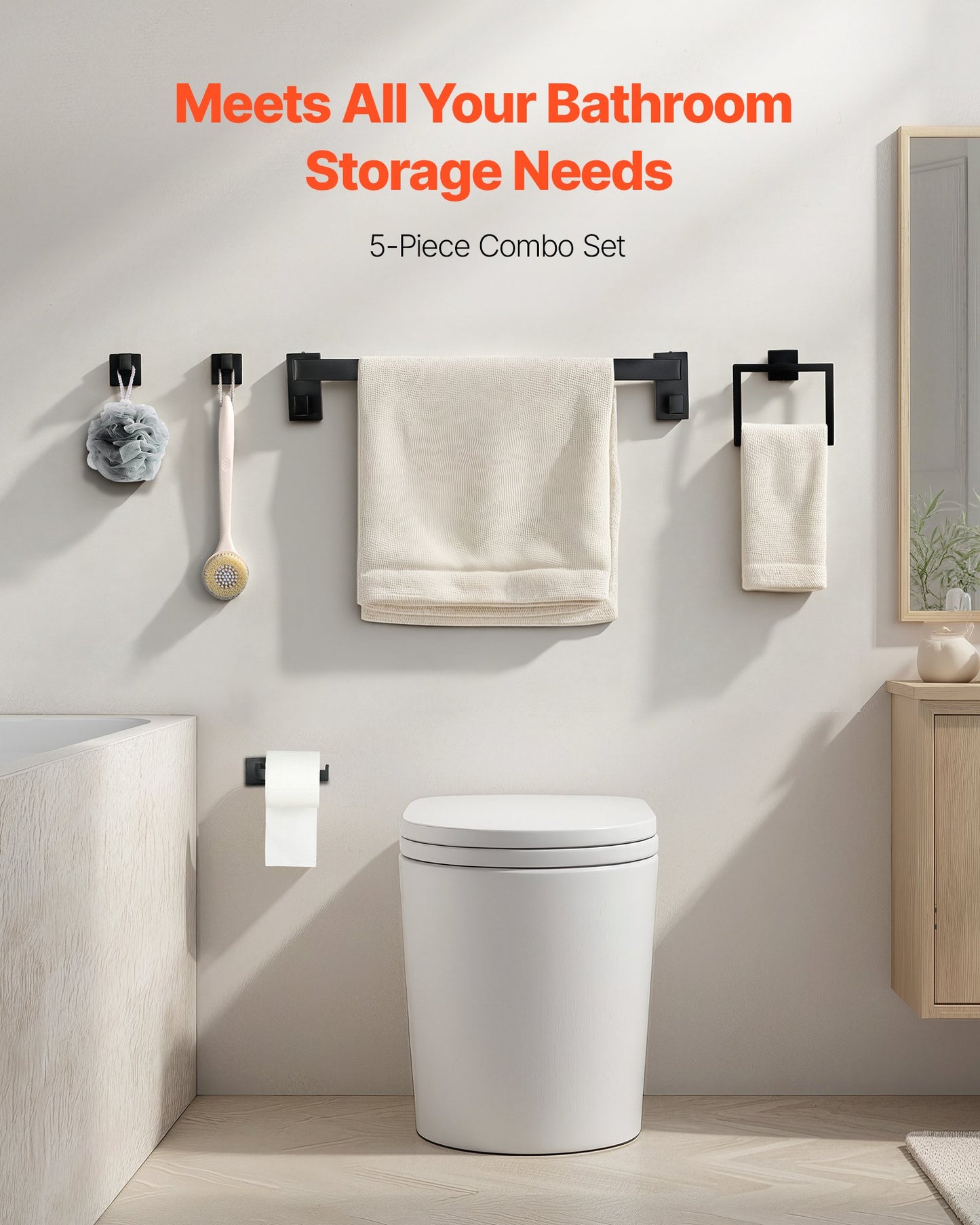 Matte Black Bathroom Hardware Set, 5 Pieces Stainless Steel Bathroom Accessories Set, 24-inch Towel Bar, Towel Rack, 2 Robe Towel Hooks, Toilet Paper Holder, for Bath Room, Wall Mounted