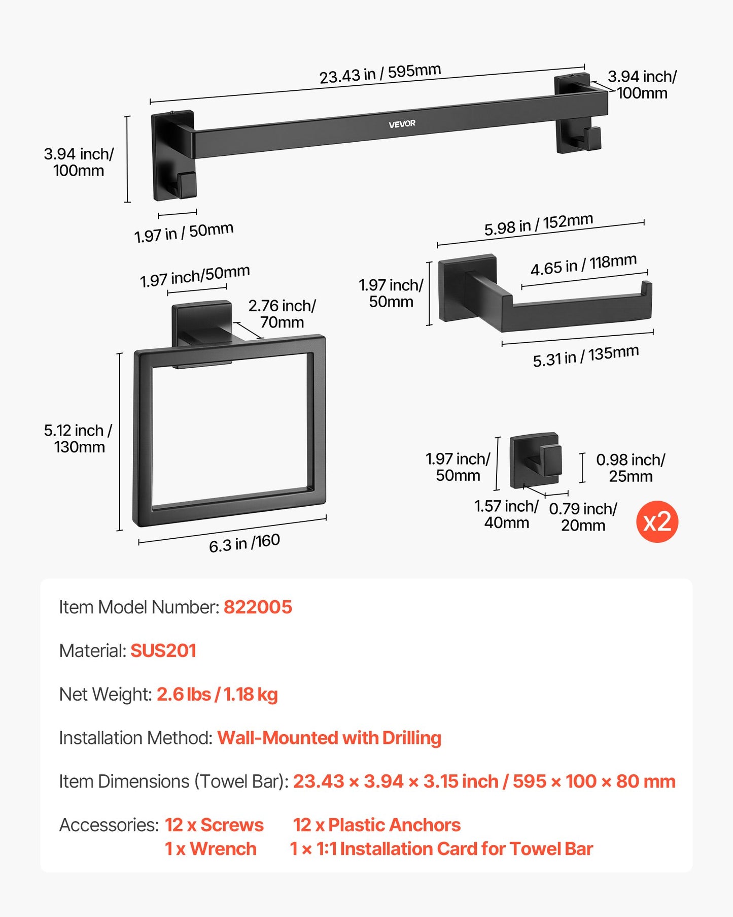 Matte Black Bathroom Hardware Set, 5 Pieces Stainless Steel Bathroom Accessories Set, 24-inch Towel Bar, Towel Rack, 2 Robe Towel Hooks, Toilet Paper Holder, for Bath Room, Wall Mounted