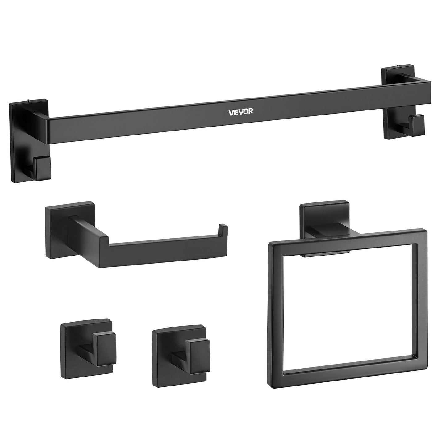 Matte Black Bathroom Hardware Set, 5 Pieces Stainless Steel Bathroom Accessories Set, 24-inch Towel Bar, Towel Rack, 2 Robe Towel Hooks, Toilet Paper Holder, for Bath Room, Wall Mounted