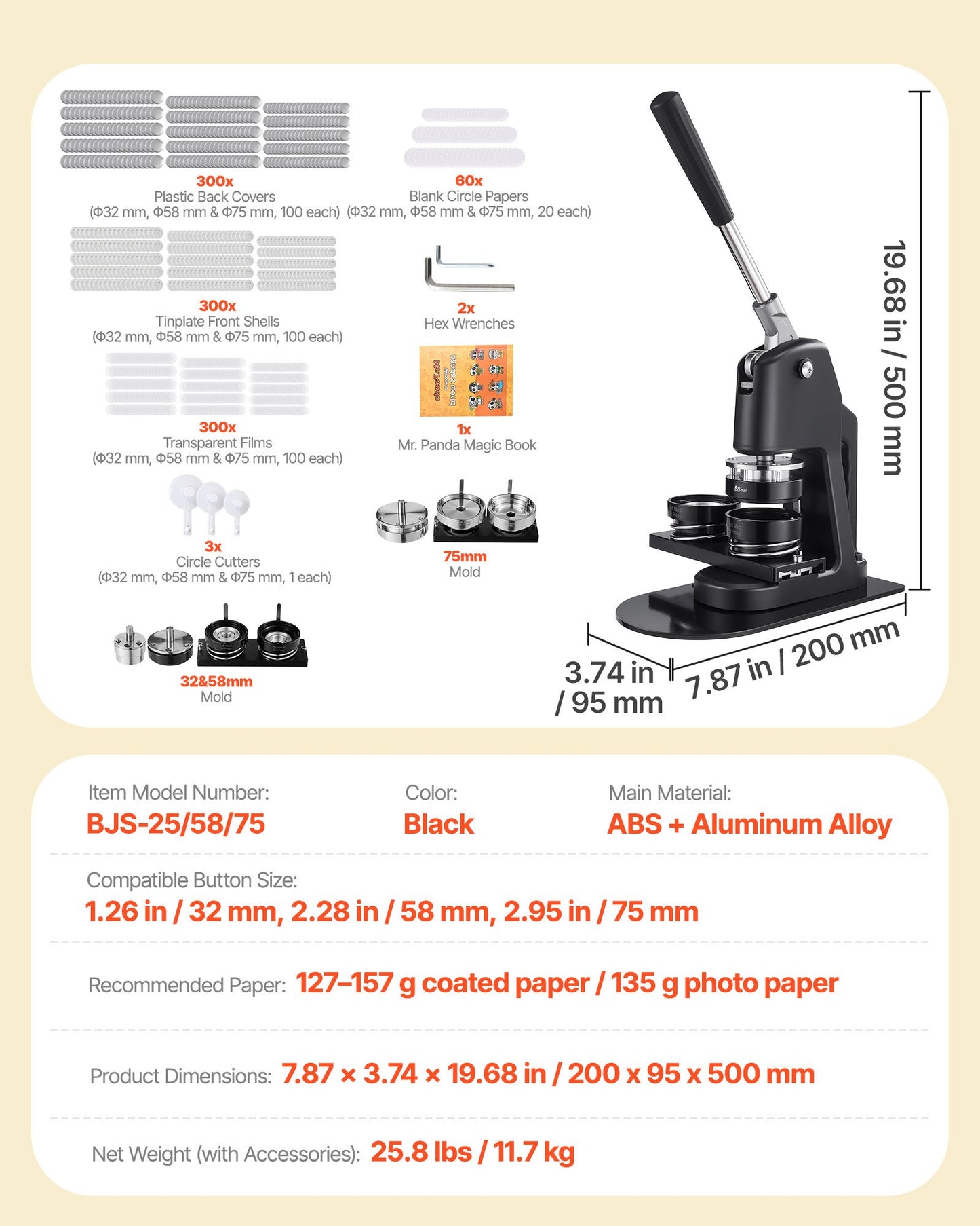 Buttonmaschine, 32/58/75 mm, 3-in-1, Anstecknadelmaschine mit 300 Buttonrohlingen, Kreisschneider und Zauberbuch, verstärkter ergonomischer Griff, für selbstgemachte Anstecknadeln und personalisierte Pins, Schwarz