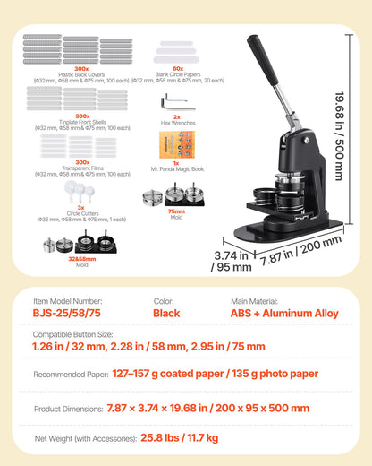 Buttonmaschine, 32/58/75 mm, 3-in-1, Anstecknadelmaschine mit 300 Buttonrohlingen, Kreisschneider und Zauberbuch, verstärkter ergonomischer Griff, für selbstgemachte Anstecknadeln und personalisierte Pins, Schwarz