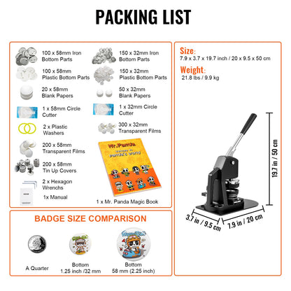 Buttonmaschine, Stanzpresse für verschiedene Größen (1,25 + 2,25 Zoll), Bastelset für Kinder, Anstecknadel-Set mit 500 Buttonteilen, Kreisschneider und Zauberbuch