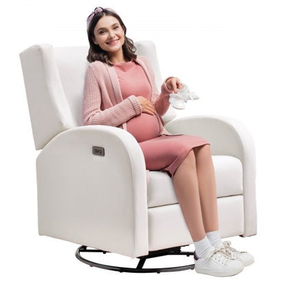 Electronic Power Recliner and Swivel Glider, 113.4 kg Weight Capacity Swivel Glider Recliner Chair with Adjustable Angle, Polyester Surface Recliner Rocker for Living Room, Bedroom, Off White