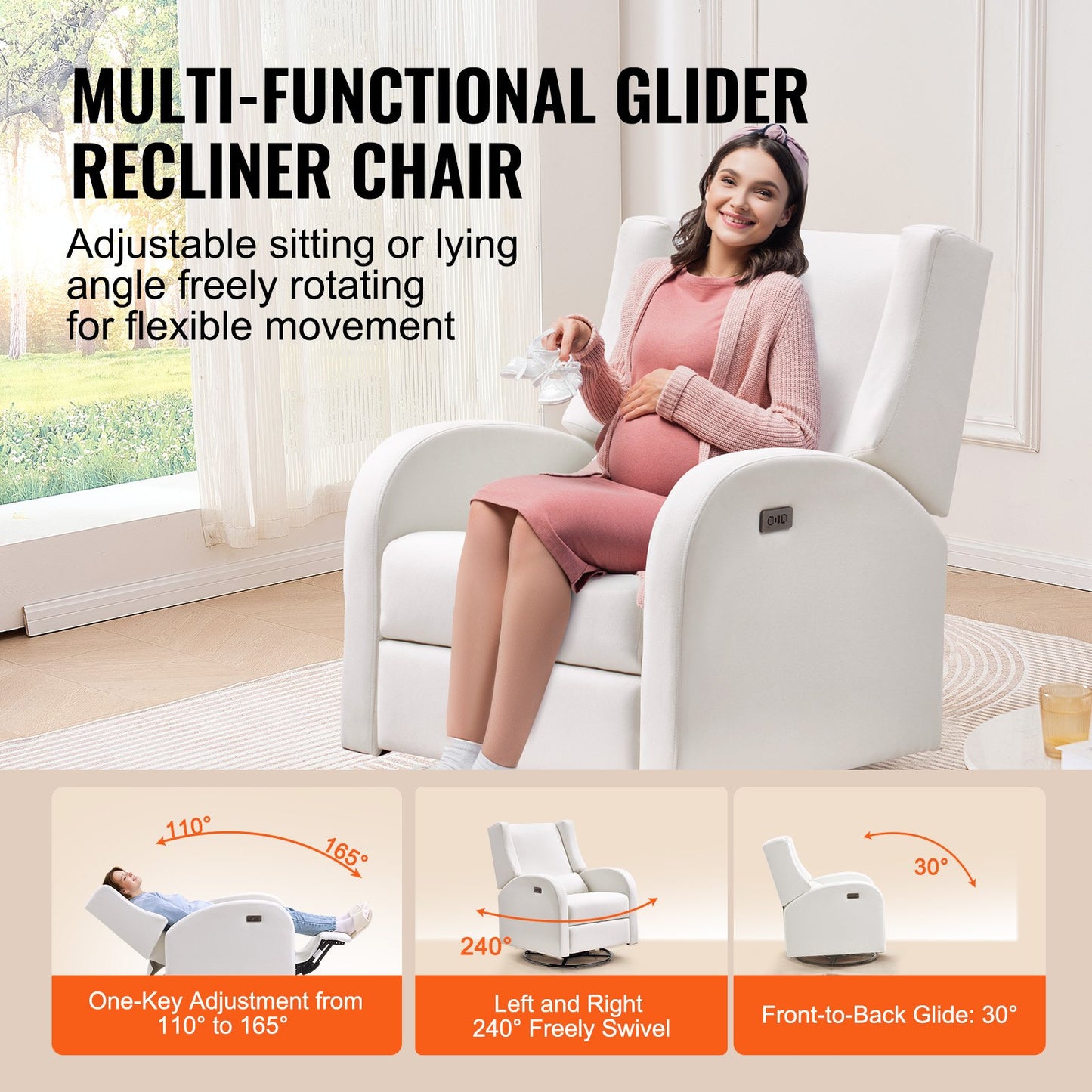 Electronic Power Recliner and Swivel Glider, 113.4 kg Weight Capacity Swivel Glider Recliner Chair with Adjustable Angle, Polyester Surface Recliner Rocker for Living Room, Bedroom, Off White