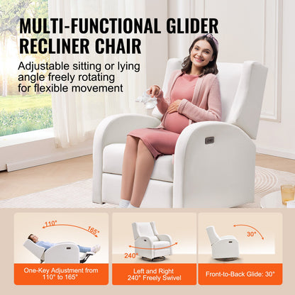 Electronic Power Recliner and Swivel Glider, 113.4 kg Weight Capacity Swivel Glider Recliner Chair with Adjustable Angle, Polyester Surface Recliner Rocker for Living Room, Bedroom, Off White