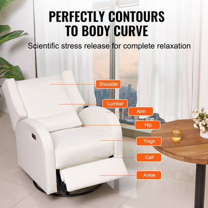 Electronic Power Recliner and Swivel Glider, 113.4 kg Weight Capacity Swivel Glider Recliner Chair with Adjustable Angle, Polyester Surface Recliner Rocker for Living Room, Bedroom, Off White