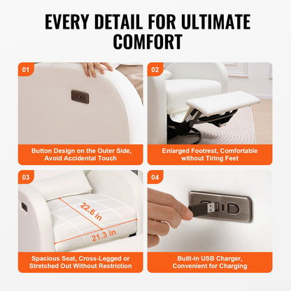 Electronic Power Recliner and Swivel Glider, 113.4 kg Weight Capacity Swivel Glider Recliner Chair with Adjustable Angle, Polyester Surface Recliner Rocker for Living Room, Bedroom, Off White