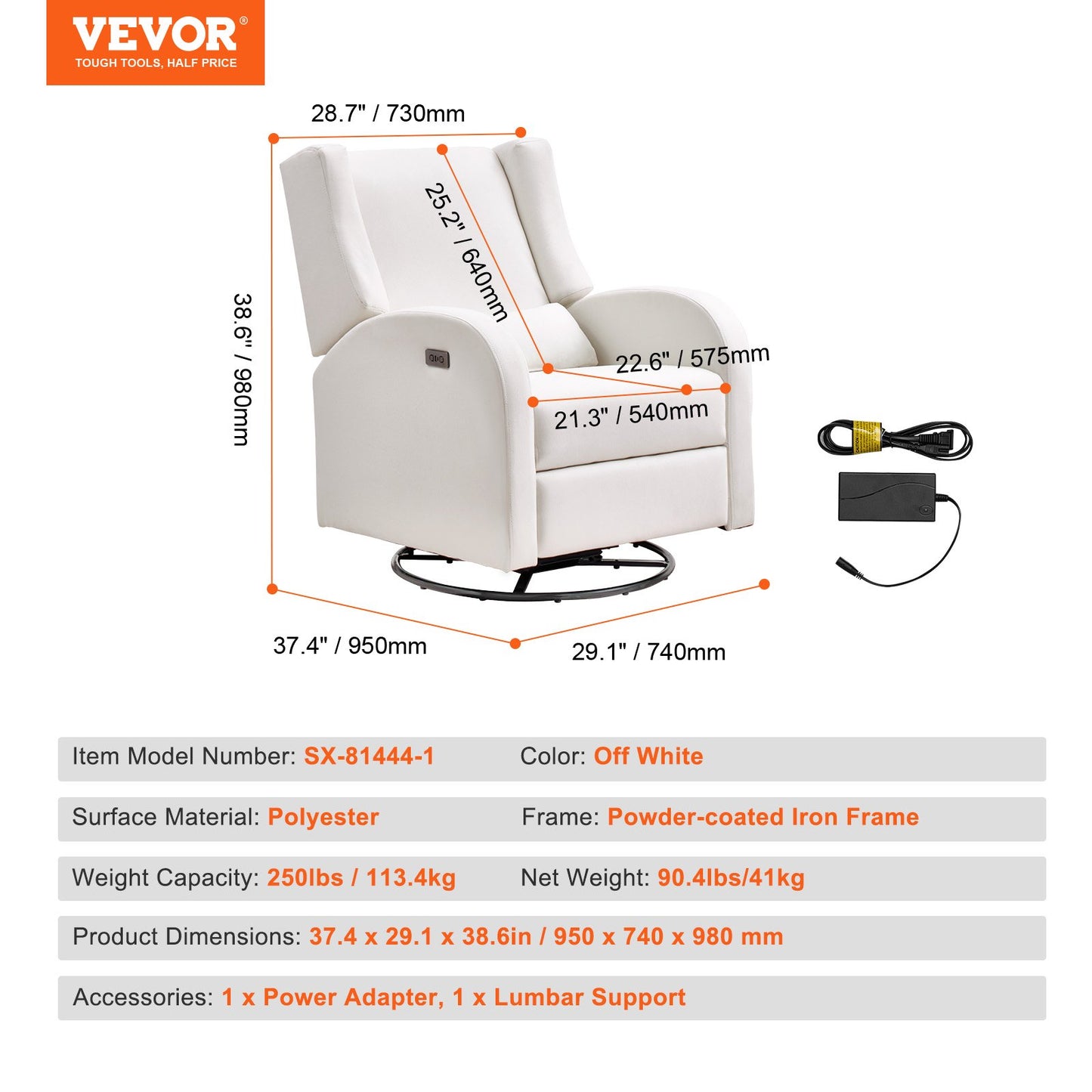 Electronic Power Recliner and Swivel Glider, 113.4 kg Weight Capacity Swivel Glider Recliner Chair with Adjustable Angle, Polyester Surface Recliner Rocker for Living Room, Bedroom, Off White