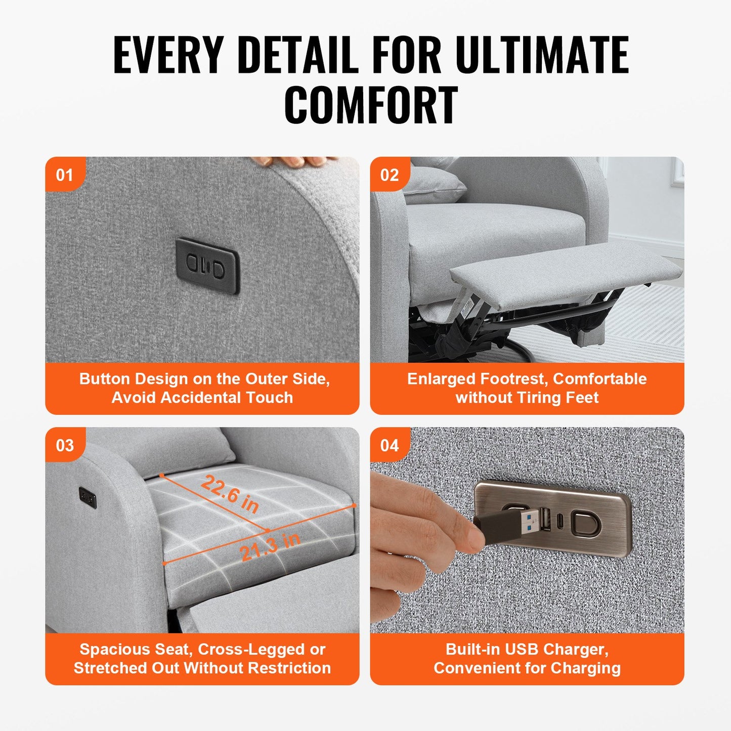 Elektrisch verstellbarer Relaxsessel mit Drehfunktion und Gleitfunktion, Tragkraft 113,4 kg, verstellbarer Winkel, Polyesterbezug, hellgrau, für Wohnzimmer und Schlafzimmer