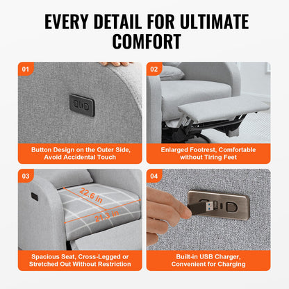 Elektrisch verstellbarer Relaxsessel mit Drehfunktion und Gleitfunktion, Tragkraft 113,4 kg, verstellbarer Winkel, Polyesterbezug, hellgrau, für Wohnzimmer und Schlafzimmer