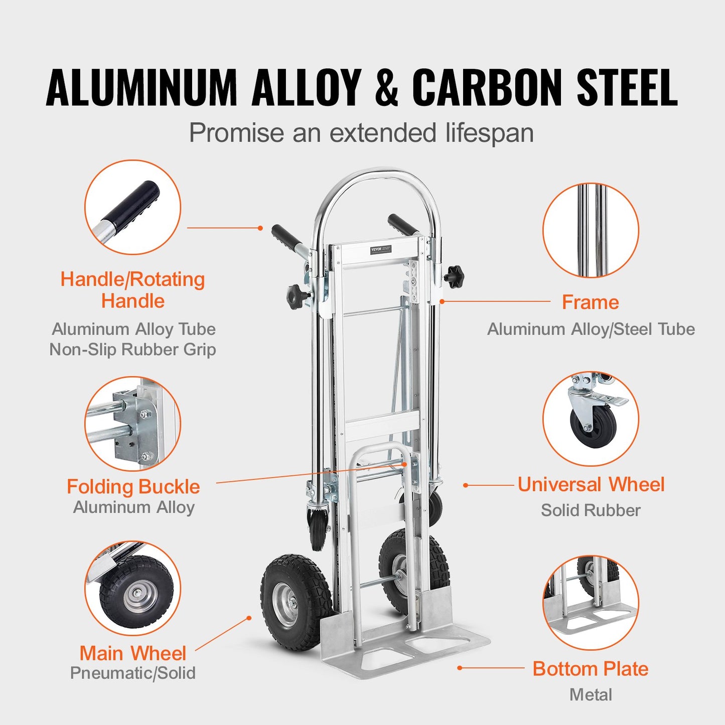 Aluminum Hand Truck, 4 in 1, 453.6 kg Load Capacity, Heavy Duty Industrial Convertible Folding Hand Truck and Dolly, Utility Cart Converts from Hand Truck to Platform Cart with Rubber Wheels