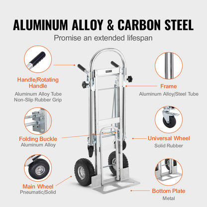 Aluminum Hand Truck, 4 in 1, 453.6 kg Load Capacity, Heavy Duty Industrial Convertible Folding Hand Truck and Dolly, Utility Cart Converts from Hand Truck to Platform Cart with Rubber Wheels