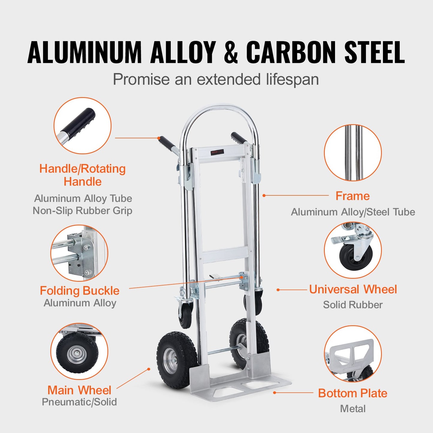 Aluminum Hand Truck, 2 in 1, 1000 lbs Load Capacity, Heavy Duty Industrial Convertible Folding Hand Truck and Dolly, Utility Cart Converts from Hand Truck to Platform Cart with Rubber Wheels