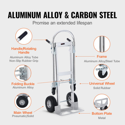 Aluminum Hand Truck, 2 in 1, 1000 lbs Load Capacity, Heavy Duty Industrial Convertible Folding Hand Truck and Dolly, Utility Cart Converts from Hand Truck to Platform Cart with Rubber Wheels