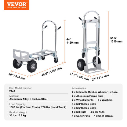 Aluminum Hand Truck, 2 in 1, 1000 lbs Load Capacity, Heavy Duty Industrial Convertible Folding Hand Truck and Dolly, Utility Cart Converts from Hand Truck to Platform Cart with Rubber Wheels