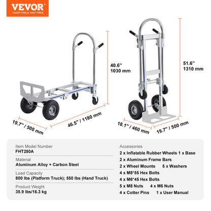 Aluminum Hand Truck, 2 in 1, 362.9 kg Load Capacity, Heavy Duty Industrial Convertible Folding Hand Truck and Dolly, Utility Cart Converts from Hand Truck to Platform Cart with Rubber Wheels