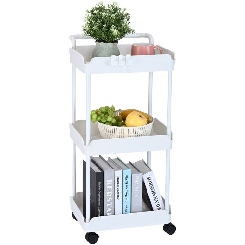 3-Tier Rolling Utility Cart, Kitchen Cart with Lockable Wheels, Multi-Functional Storage Trolley with Handle for Office, Living Room, Kitchen, Movable Storage Basket Organizer Shelves, White