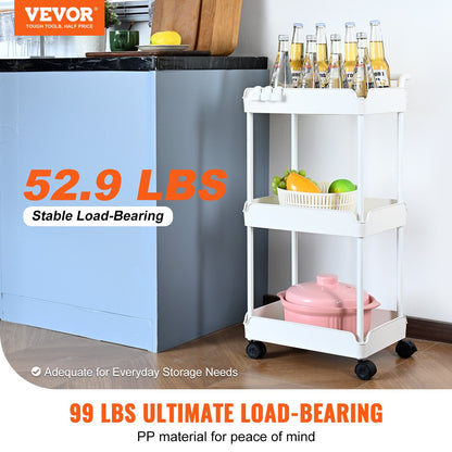 3-Tier Rolling Utility Cart, Kitchen Cart with Lockable Wheels, Multi-Functional Storage Trolley with Handle for Office, Living Room, Kitchen, Movable Storage Basket Organizer Shelves, White