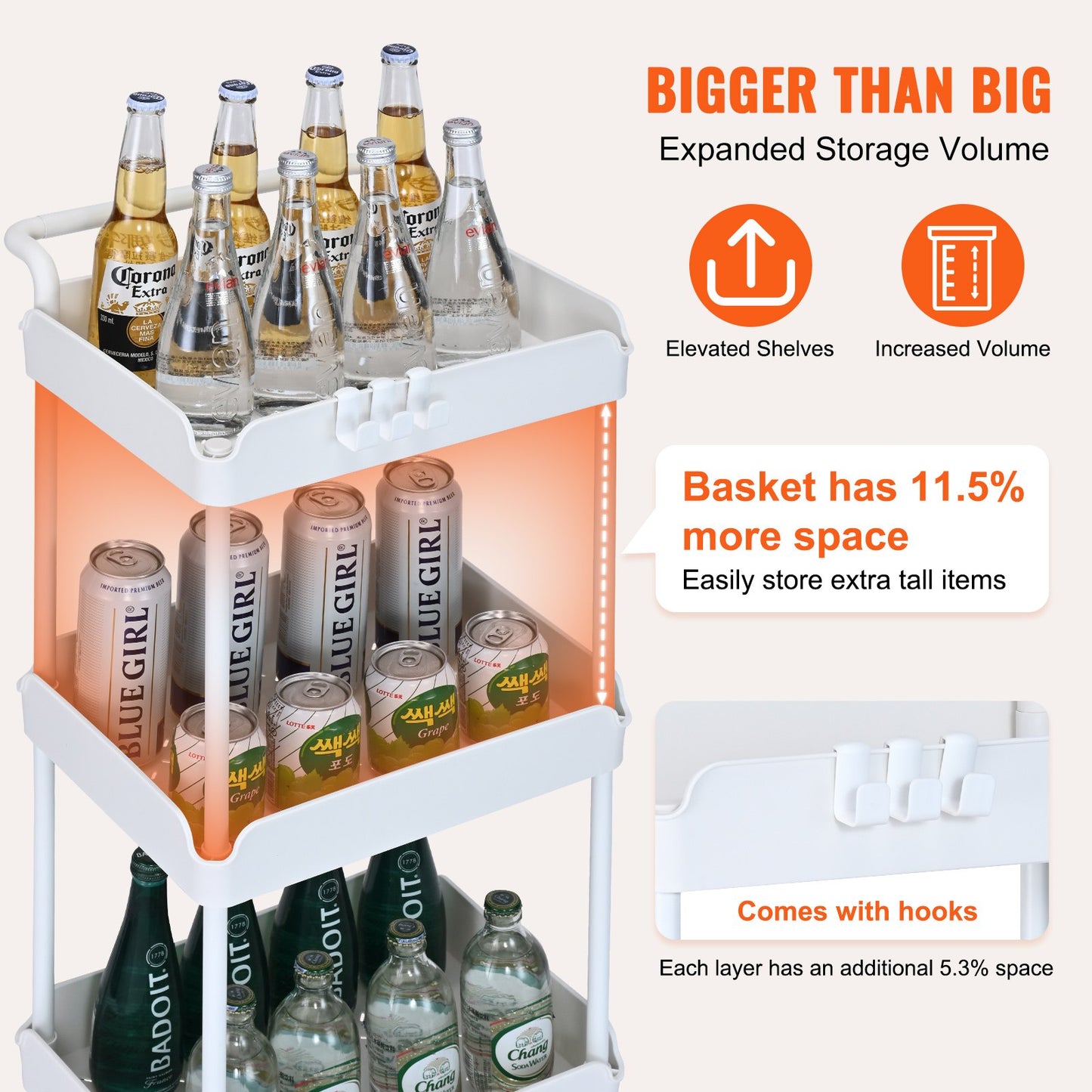 3-Tier Rolling Utility Cart, Kitchen Cart with Lockable Wheels, Multi-Functional Storage Trolley with Handle for Office, Living Room, Kitchen, Movable Storage Basket Organizer Shelves, White