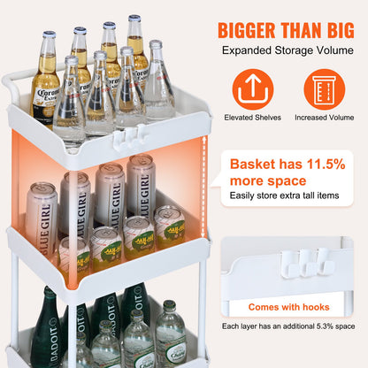 3-Tier Rolling Utility Cart, Kitchen Cart with Lockable Wheels, Multi-Functional Storage Trolley with Handle for Office, Living Room, Kitchen, Movable Storage Basket Organizer Shelves, White